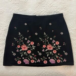 Black Embroidered Floral Mini Skirt